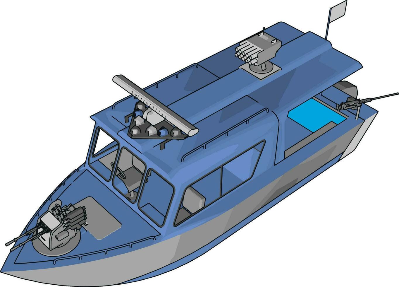 3D vector illustration on white background of a grey and blue military boat