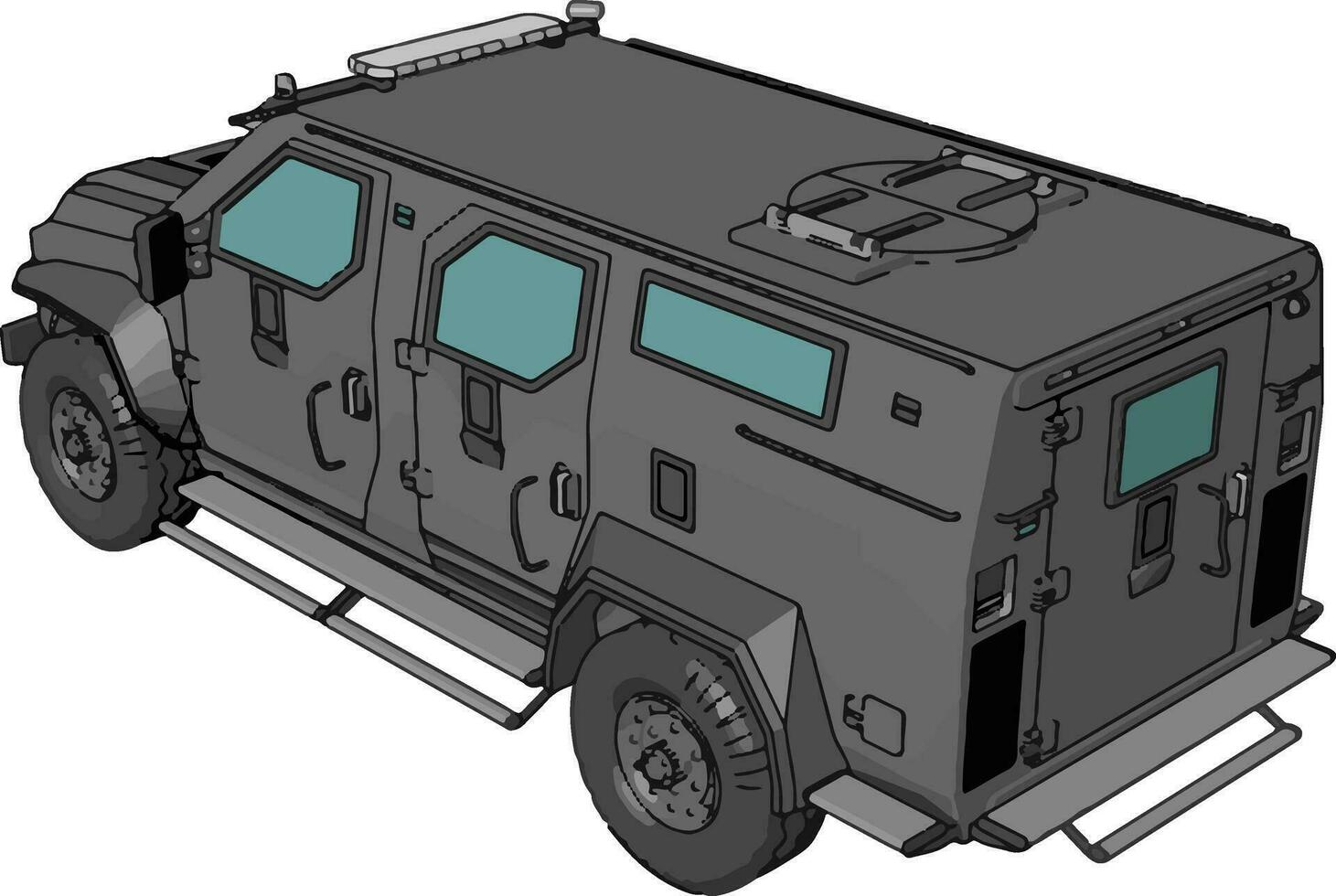 3D vector illustration on white background of a grey armed military vehicle