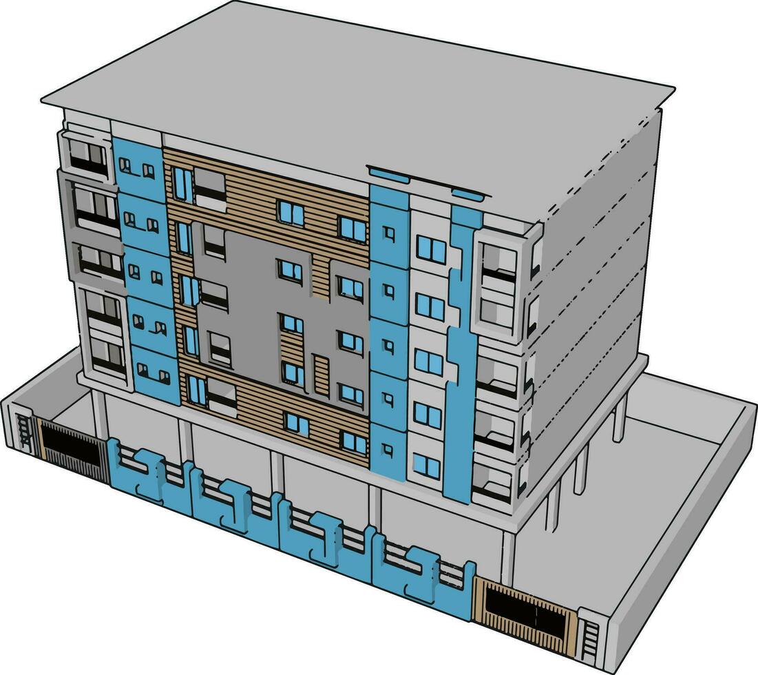 edificio residencial azul, ilustración, vector sobre fondo blanco.