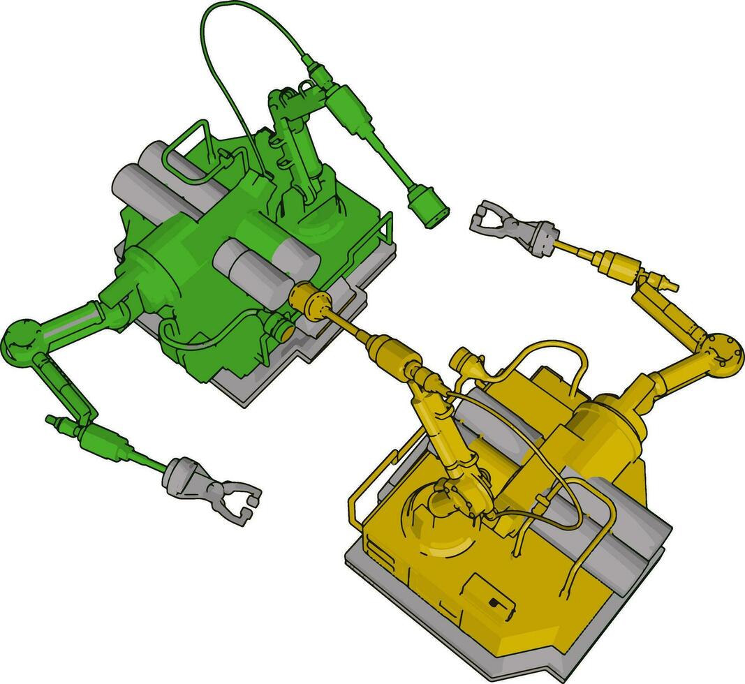 Green and yellow engineering machine, illustration, vector on white background.
