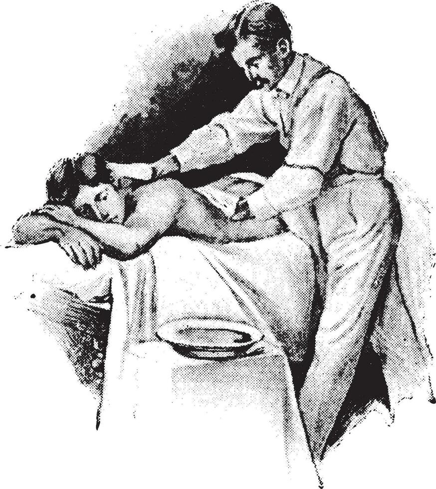 Cold friction to back, using both hands, vintage engraving. vector