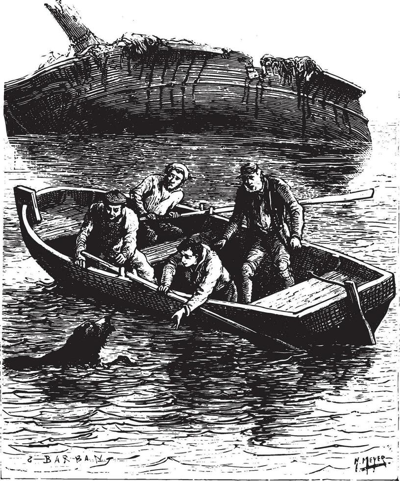 The animal swam painfully toward the boat, vintage engraving. vector