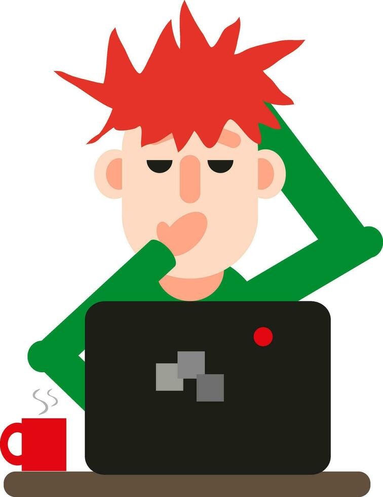 Man in front of a computer yawns, icon, vector on white background.