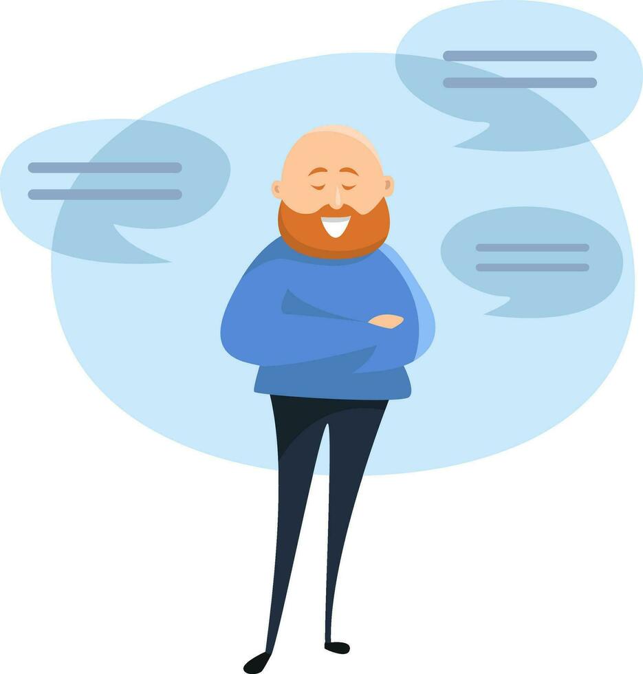 Bearded man in blue shirt, illustration, vector on a white background.