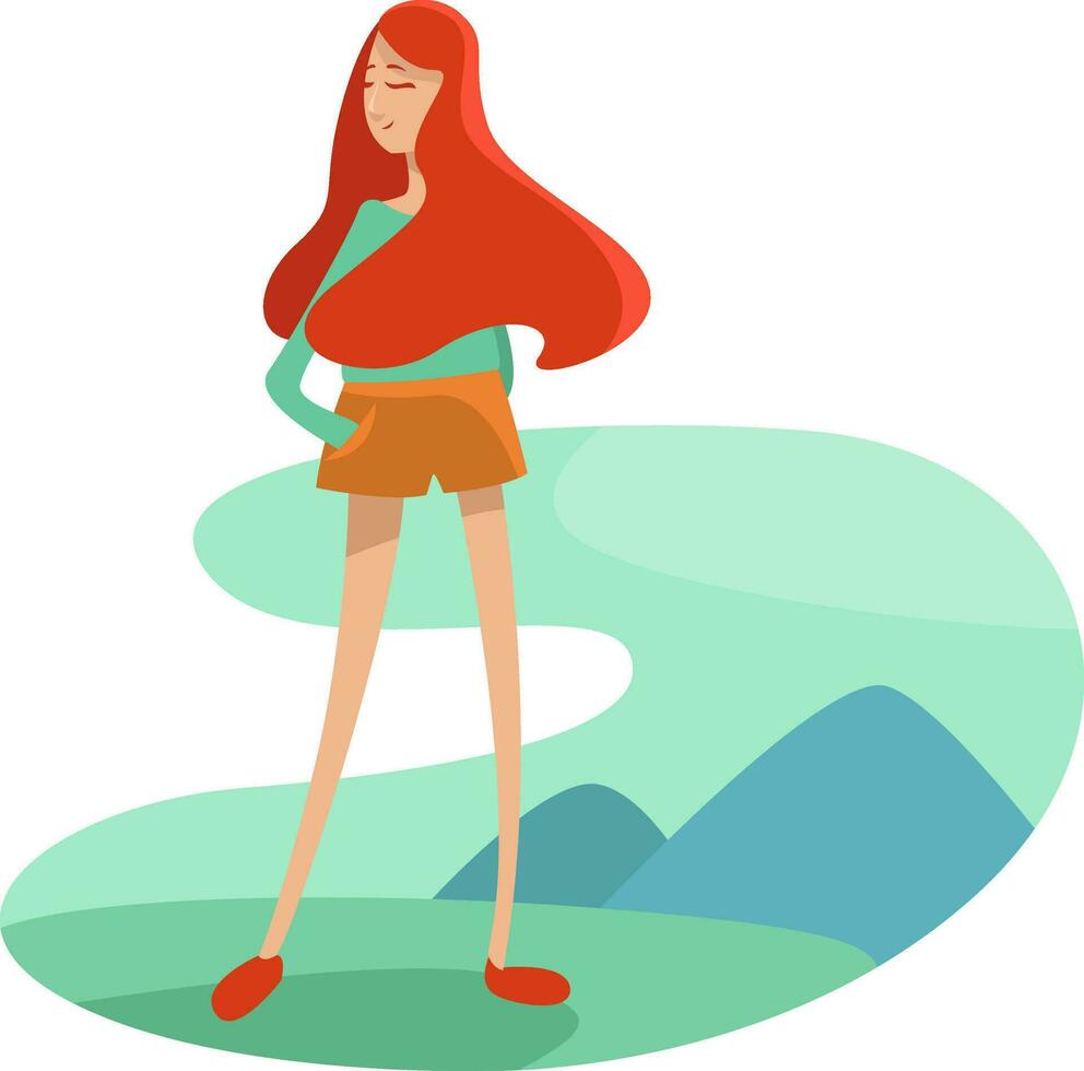 Outdoors girl in green shirt, illustration, vector on a white background.