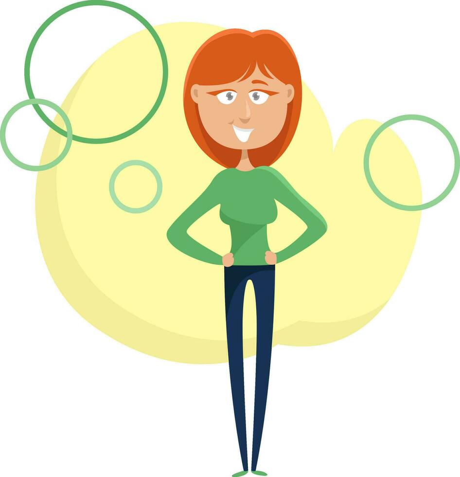 Girl in green shirt, illustration, vector on a white background.