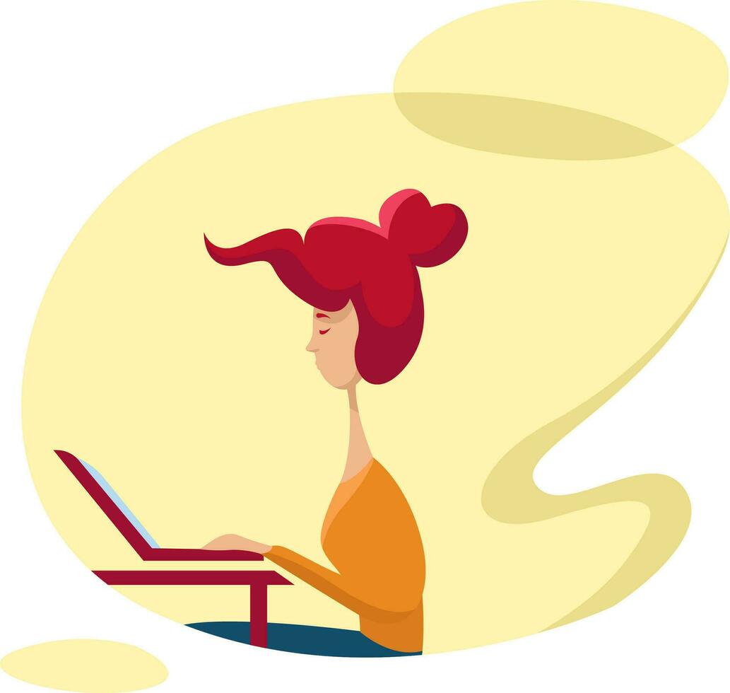 Girl working on a laptop, illustration, vector on a white background.