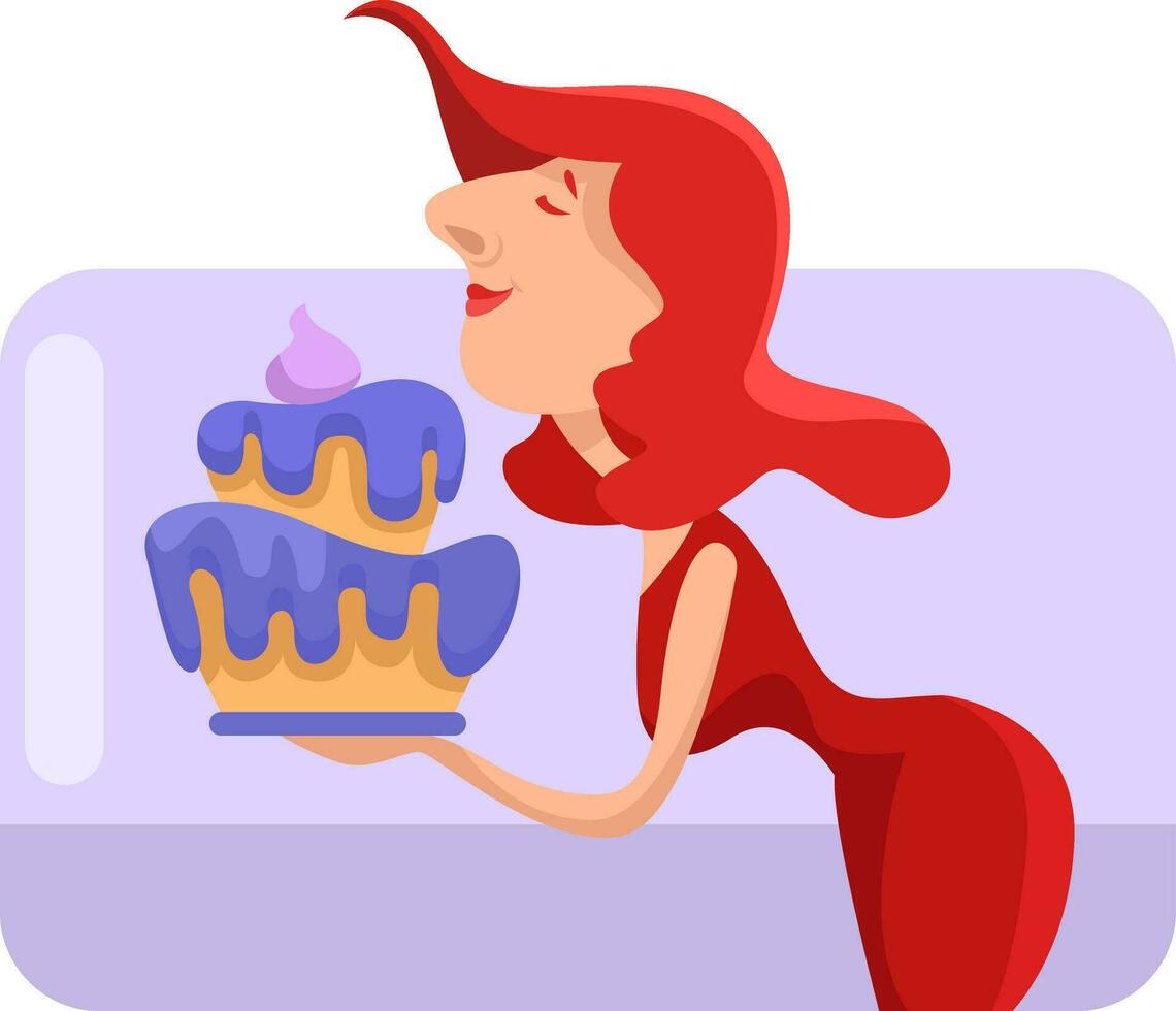 Mom with cake, illustration, vector on a white background.