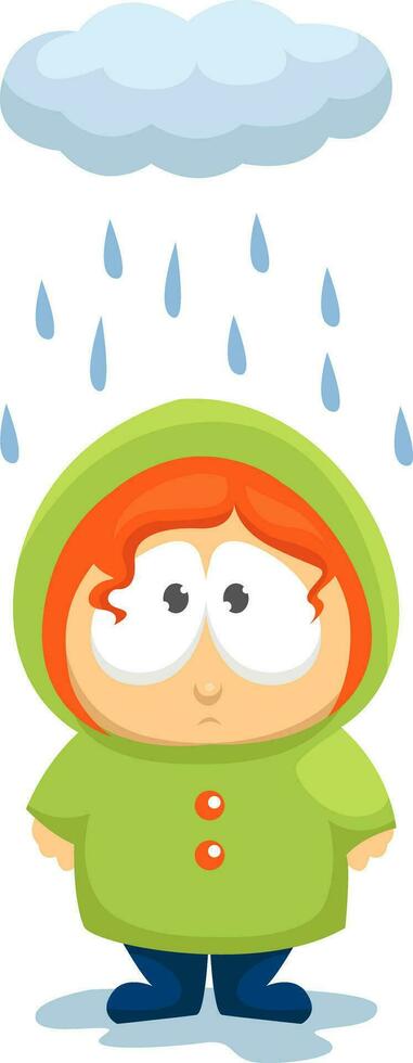 niño en un lluvia, ilustración, vector en un blanco antecedentes.