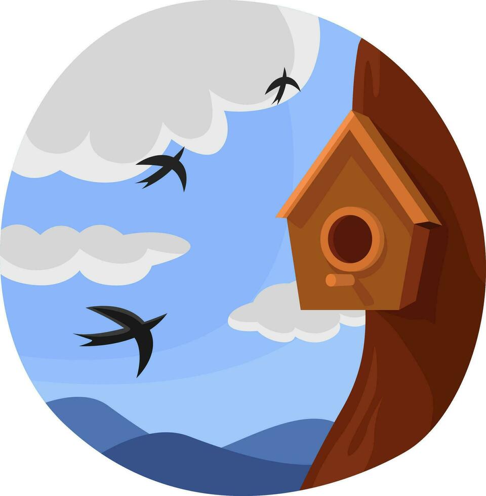 Birdhouse on a tree, illustration, vector on a white background.