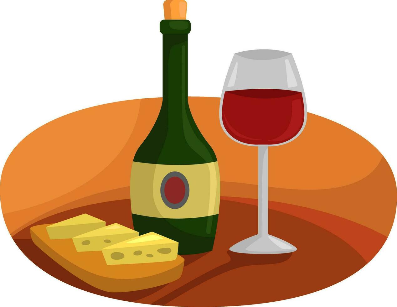 Wine bottle with cheese, illustration, vector on a white background.