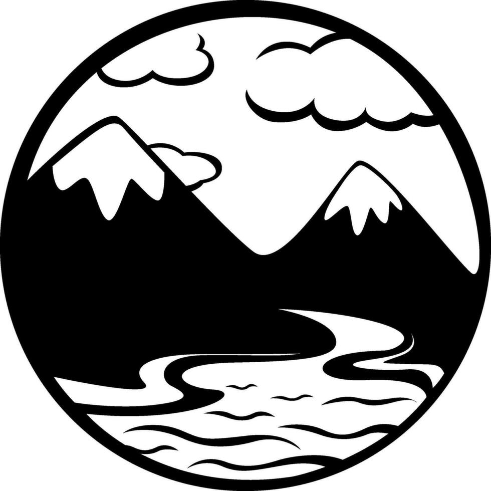 River with mountain tattoo, tattoo illustration, vector on a white background.