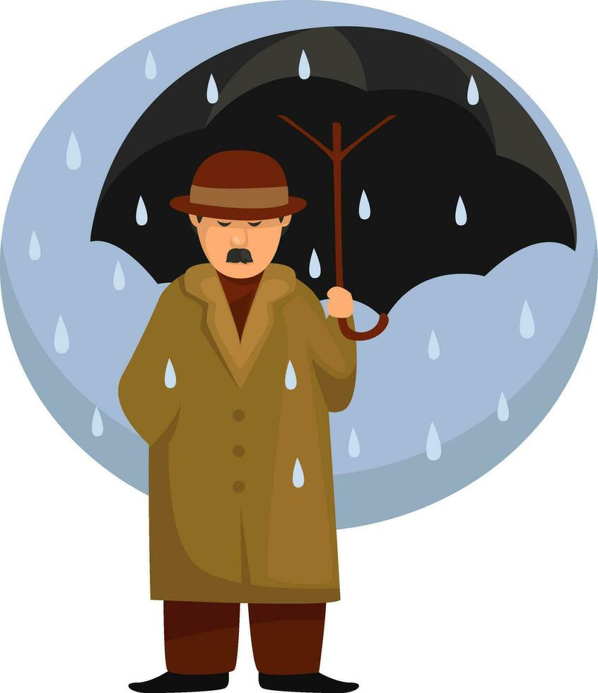 Man with black umbrella, illustration, vector on a white background.