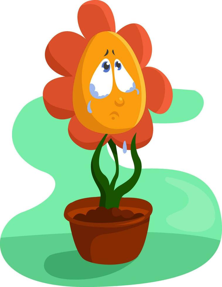 Sad sunflower in a pot, illustration, vector on a white background.