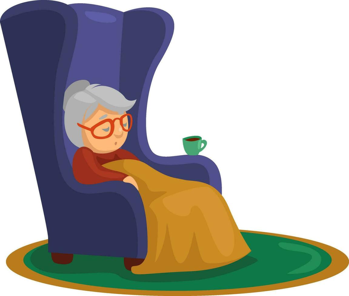 Grandmother sleeping in chair, illustration, vector on a white background.