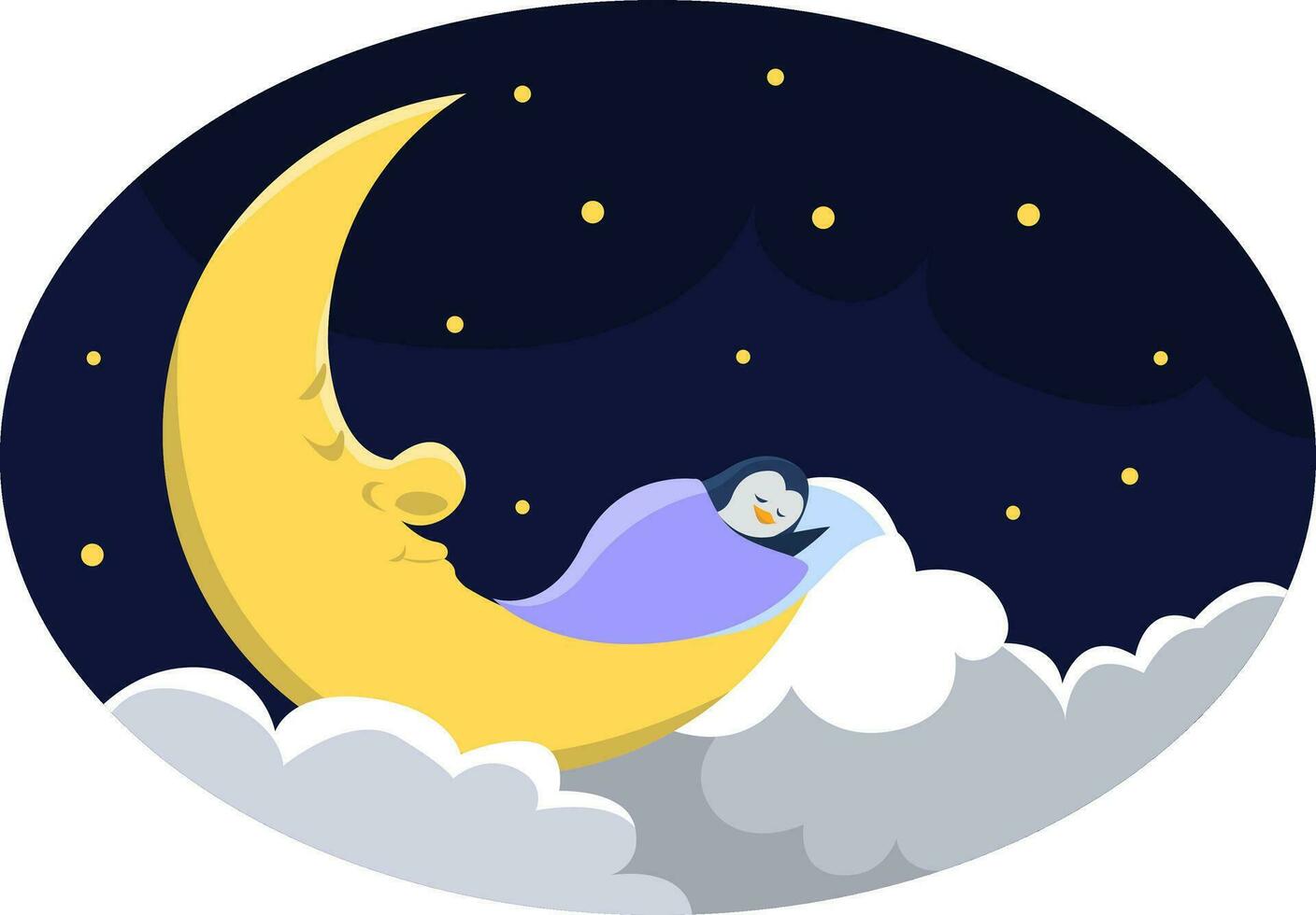 Penguin dream on the moon, illustration, vector on a white background.