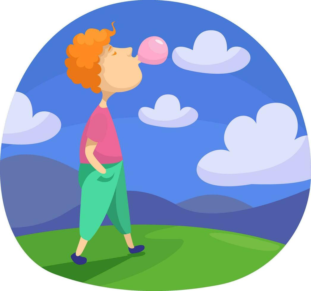 Boy with bubble gum, illustration, vector on a white background.