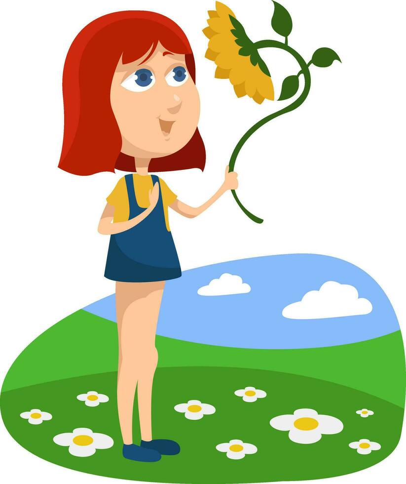 Girl with sunflower, illustration, vector on a white background.