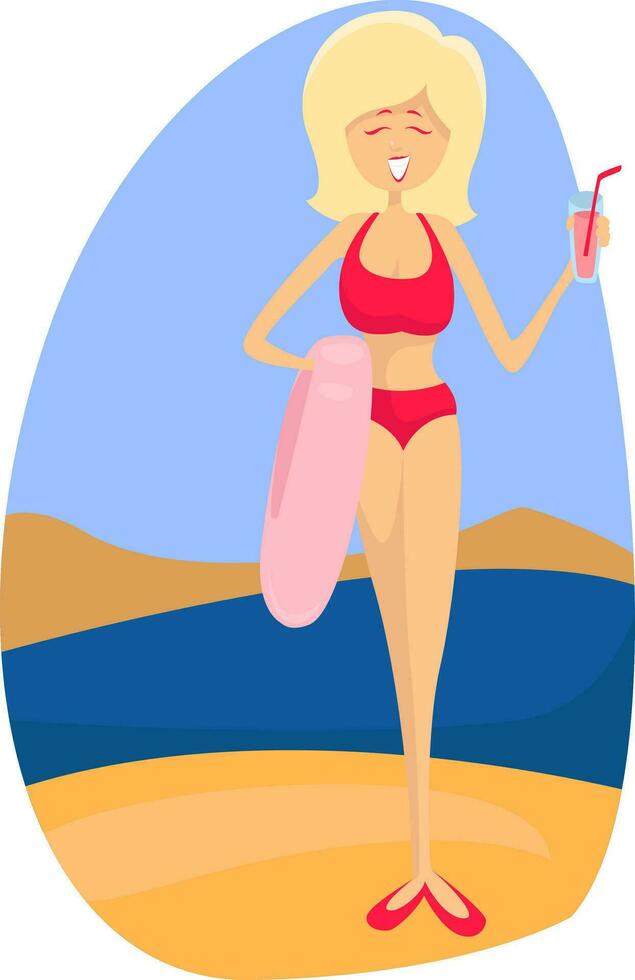 Girl on beach, illustration, vector on a white background.