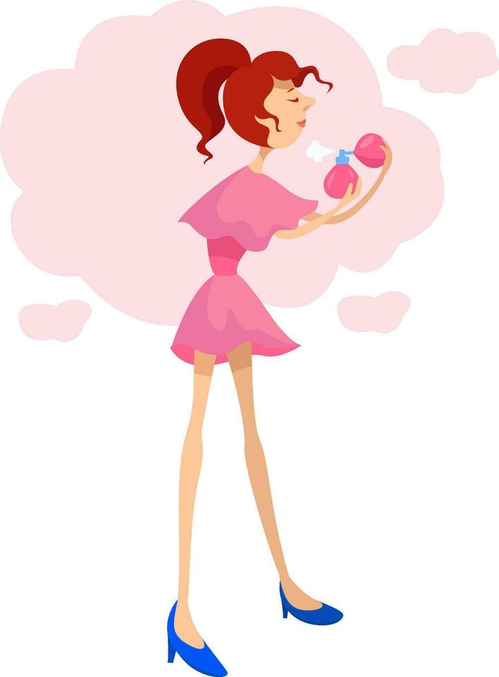 Girl in pink with perfume, illustration, vector on a white background.