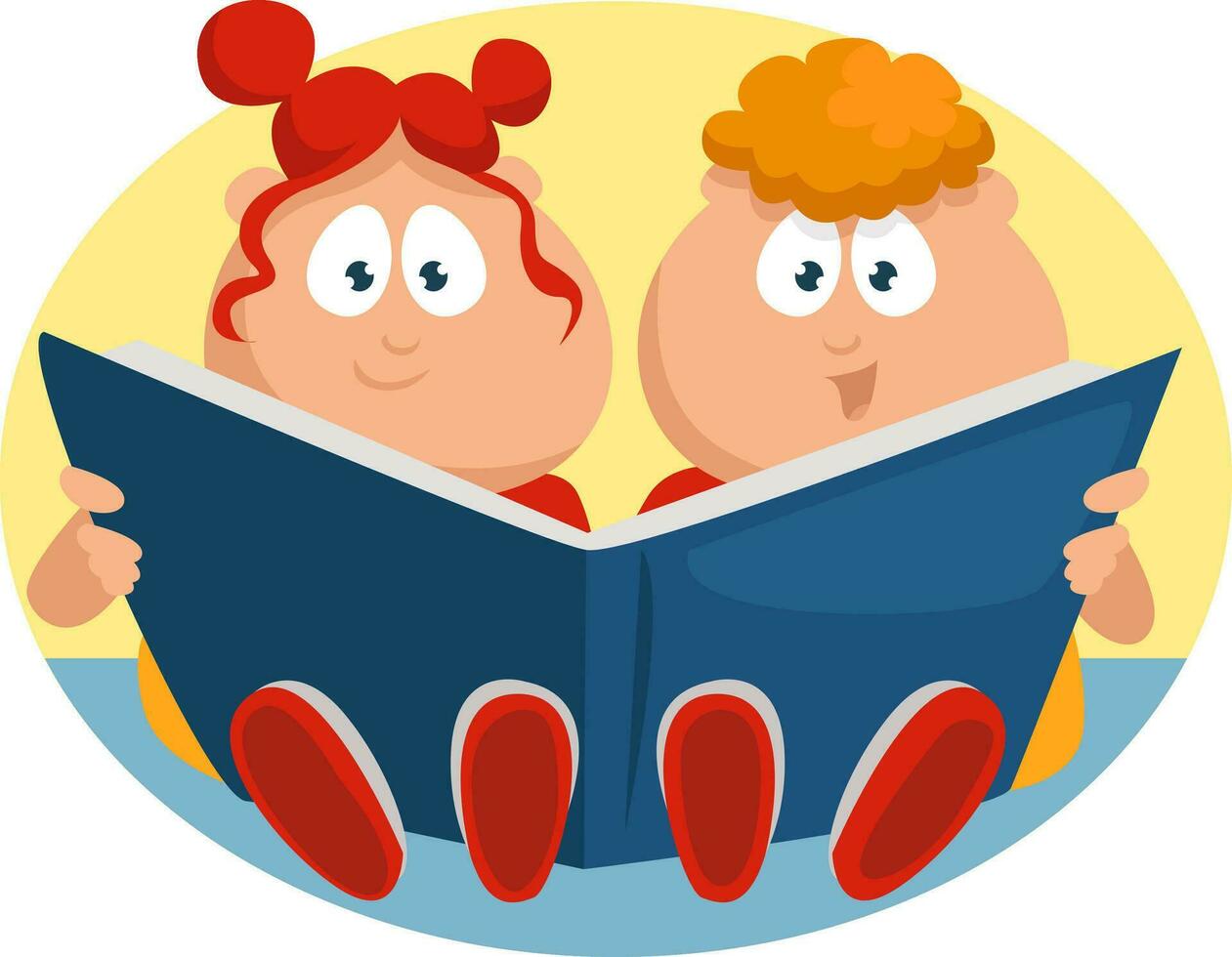 Twins reading book, illustration, vector on a white background.