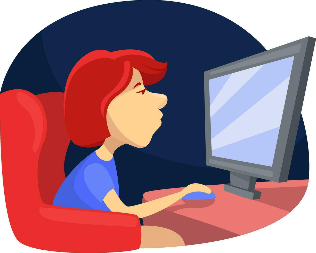 Girl working on laptop, illustration, vector on a white background.