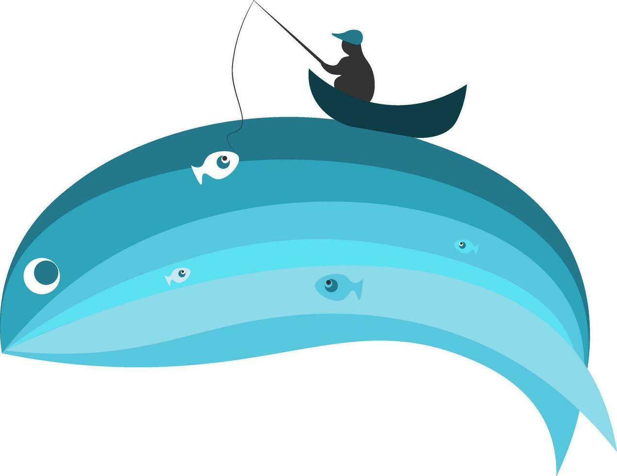 Blue whale and fisherman vector illustration
