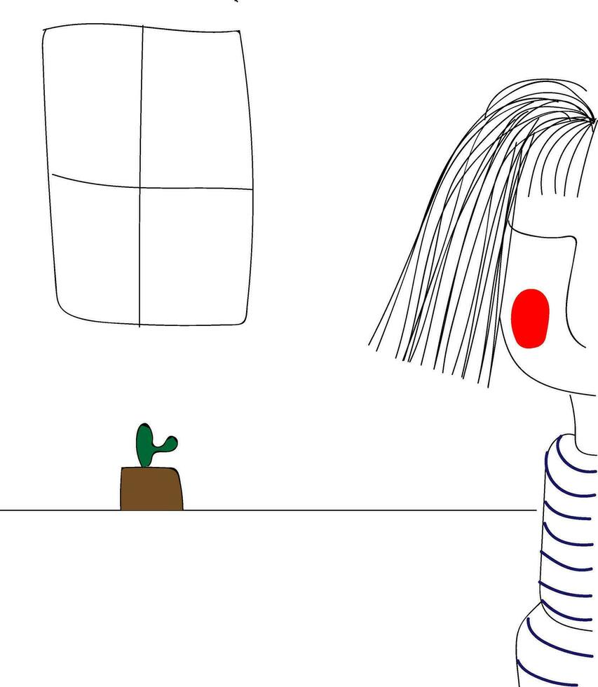 Sketch of a girl with cactus in the background vector