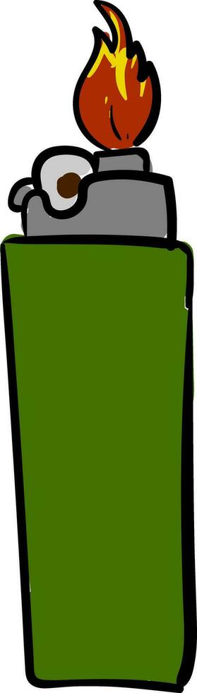 A green lighter with red hot flame vector or color illustration