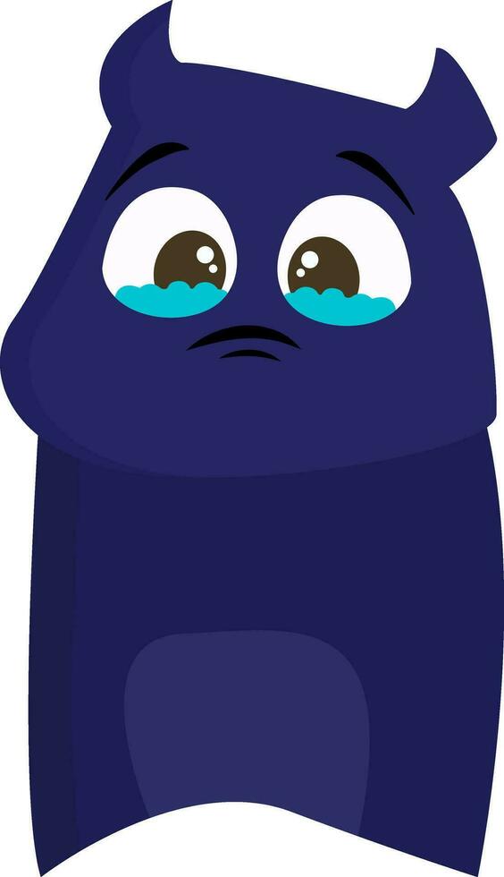 Blue sad monster, vector or color illustration.
