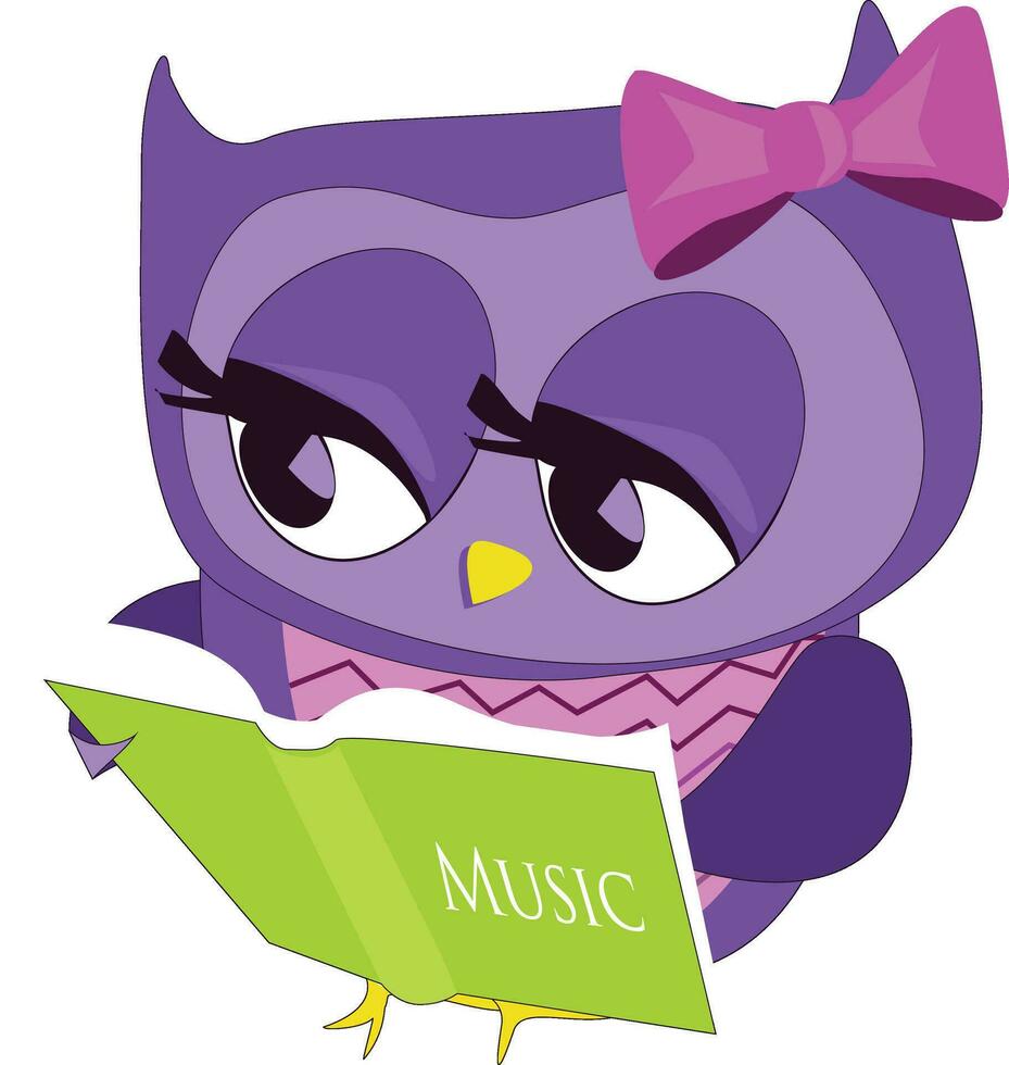 Female owl reading book, vector or color illustration.