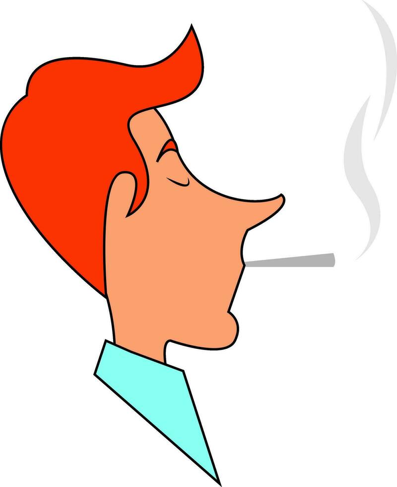 Clipart of a man smoking a cigarette bud set on isolated white background viewed from the side, vector or color illustration.