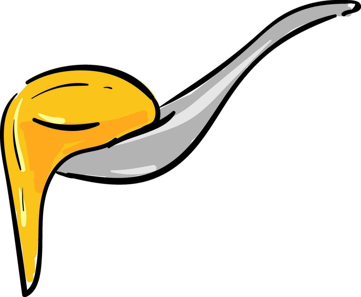 Sketch of a ceramic soup spoon containing the dripping honey, vector or color illustration.