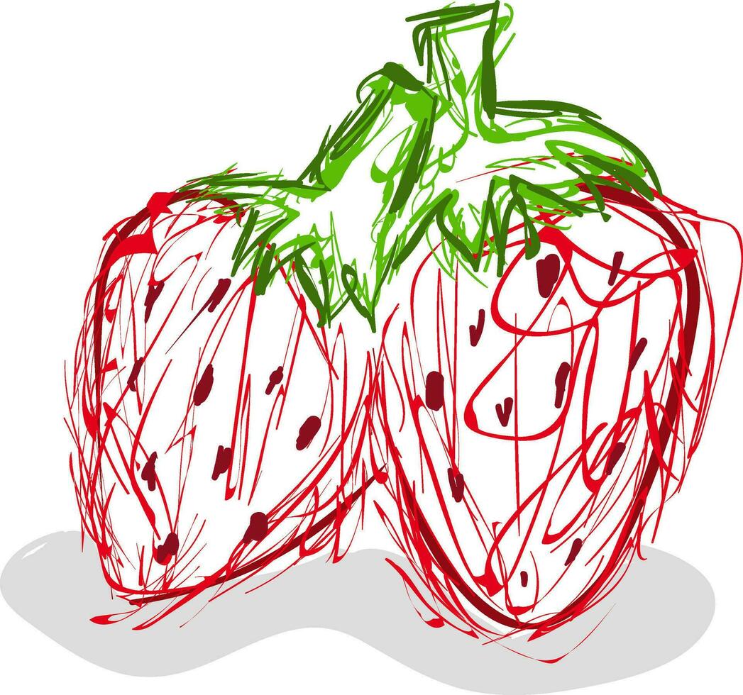 Child sketch drawing of a couple of red strawberries, vector or color illustration.