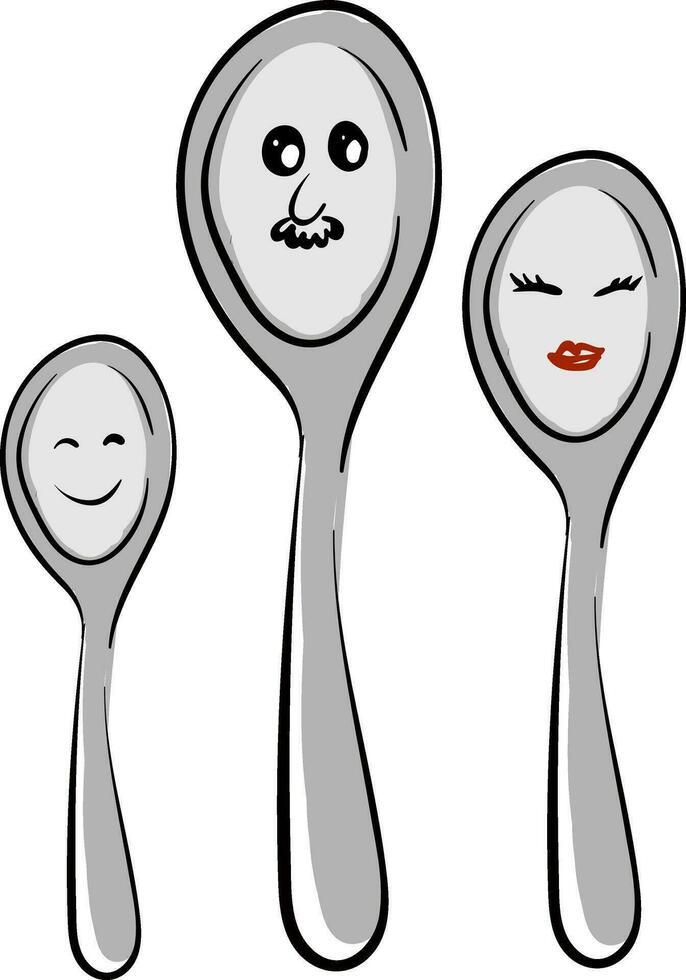 Grey-color pencil drawing of a happy spoon family, vector or color illustration.