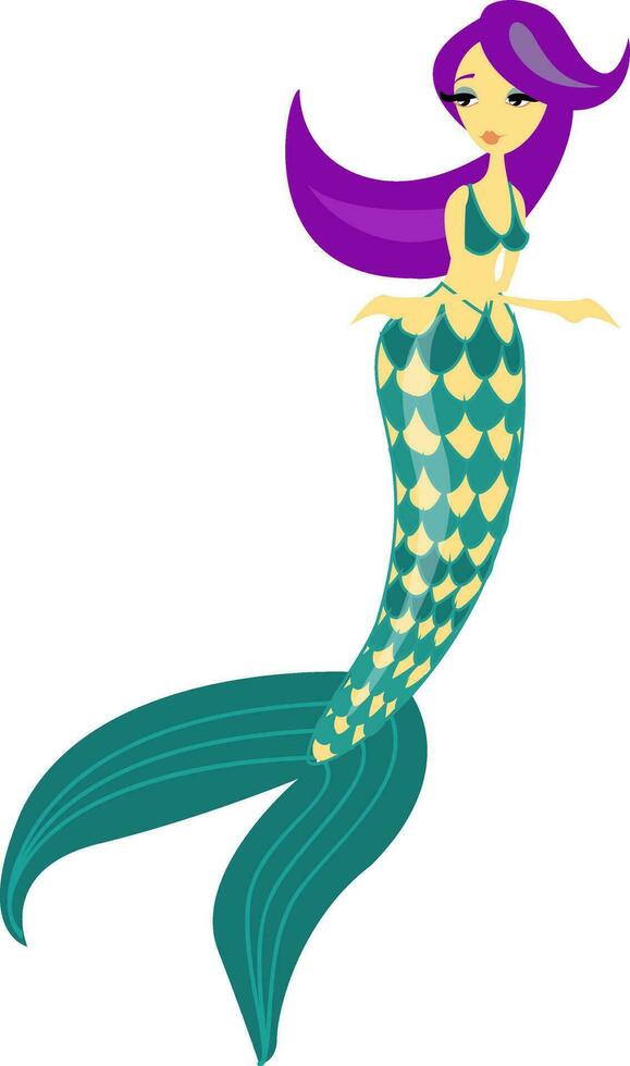 Blue-tailed bra wearing scary woman mermaid, vector or color illustration.