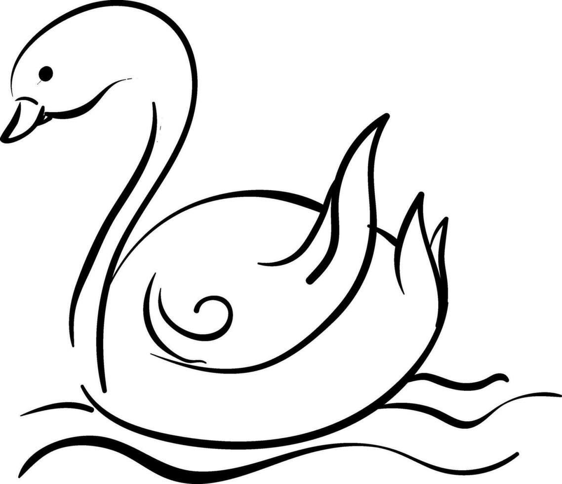 Outlined sketch of a black swan over white background viewed from the side, vector or color illustration.