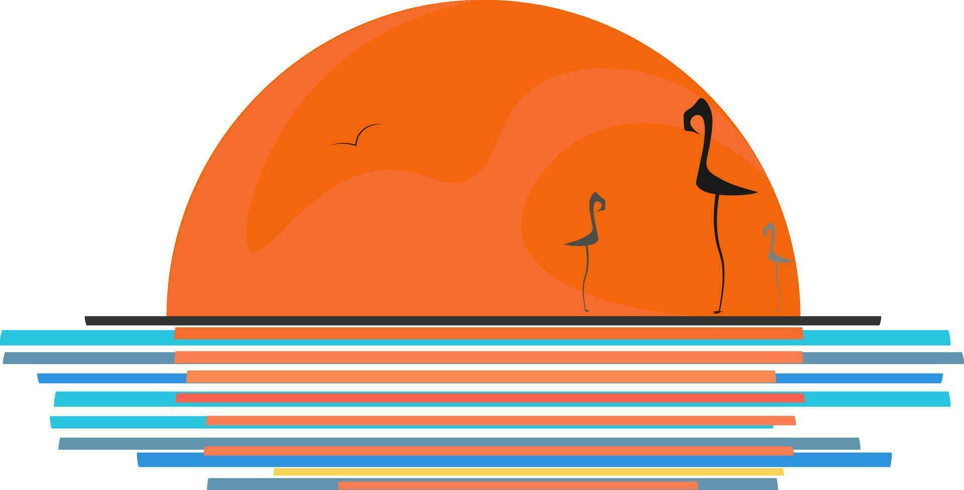 A landscape of a bird flying and the three flamingo birds along the seashore enjoying the sunset, vector or color illustration.