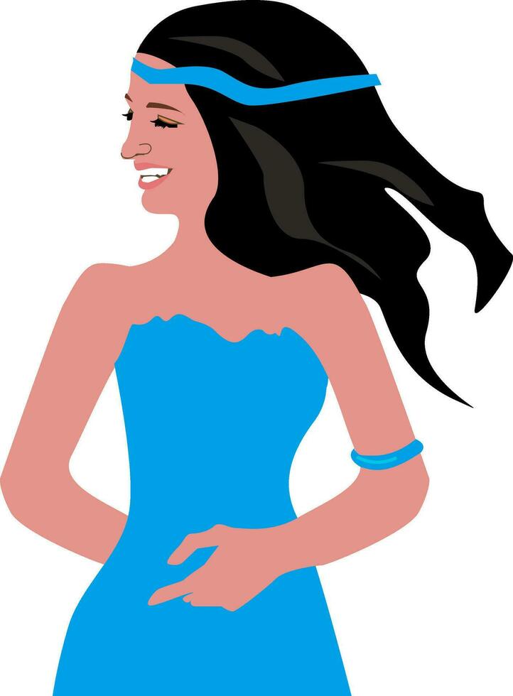 A beautiful woman smiling while turning to her left and talking, vector or color illustration.