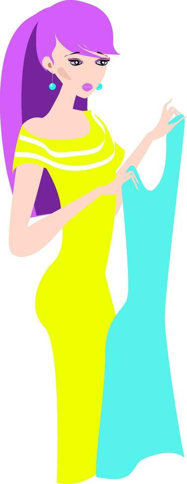 clipart de un bonito mujer en un púrpura pelo sostiene un azul sin mangas vestido y mira trastornado mientras de pie, vector o color ilustración.