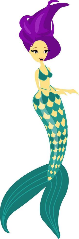 Blue-tailed bra wearing scary woman mermaid, vector or color illustration.