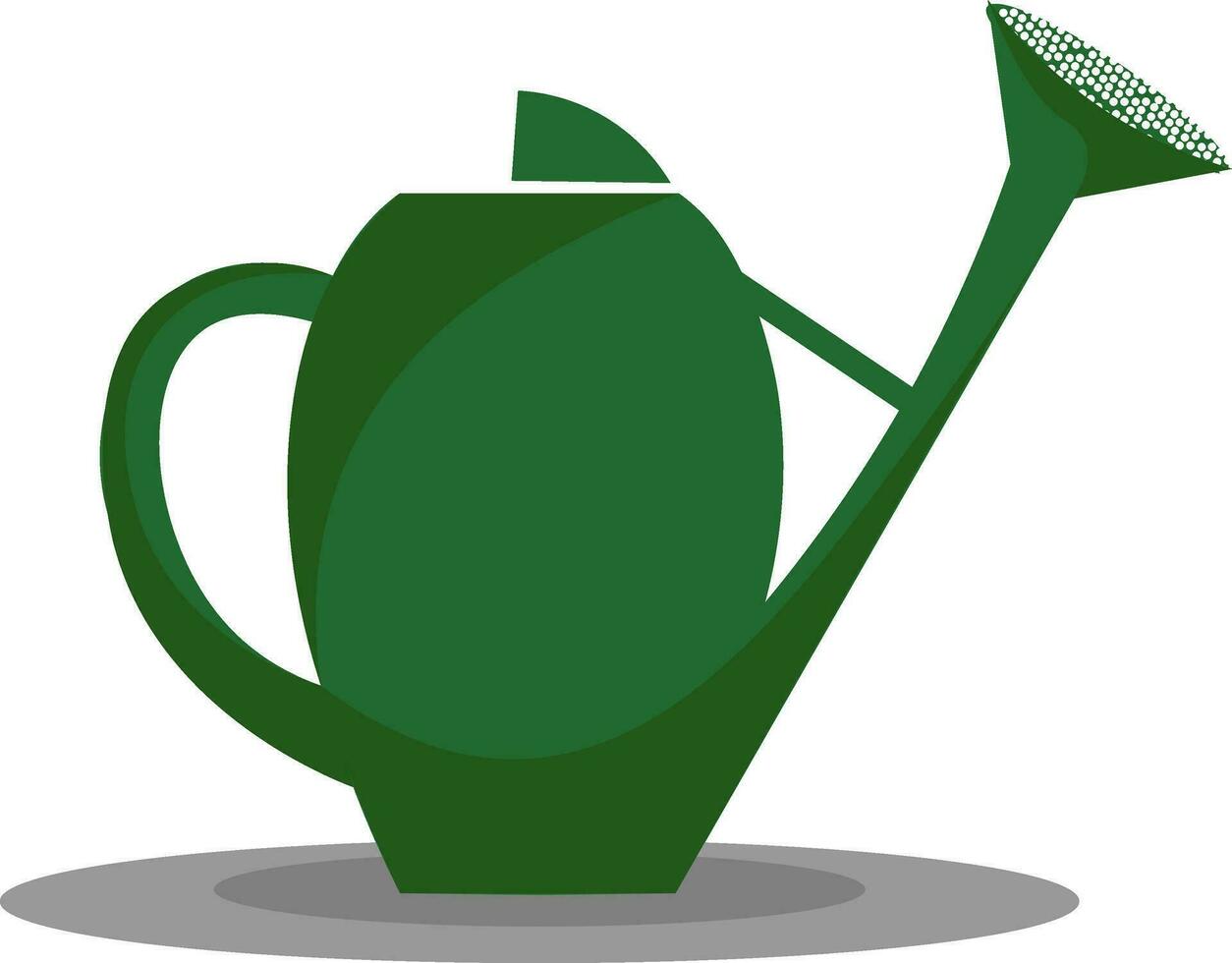 A green-colored watering pot with a long spout and a detachable perforated cap for watering plants in the garden or other environment such that they always remain green and fresh, vector or color illustration.