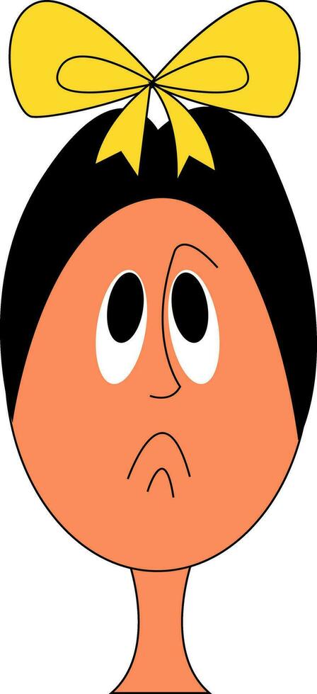 Cartoon picture of the face of a sad child in a yellow bow-clip on the center of her head, vector or color illustration.