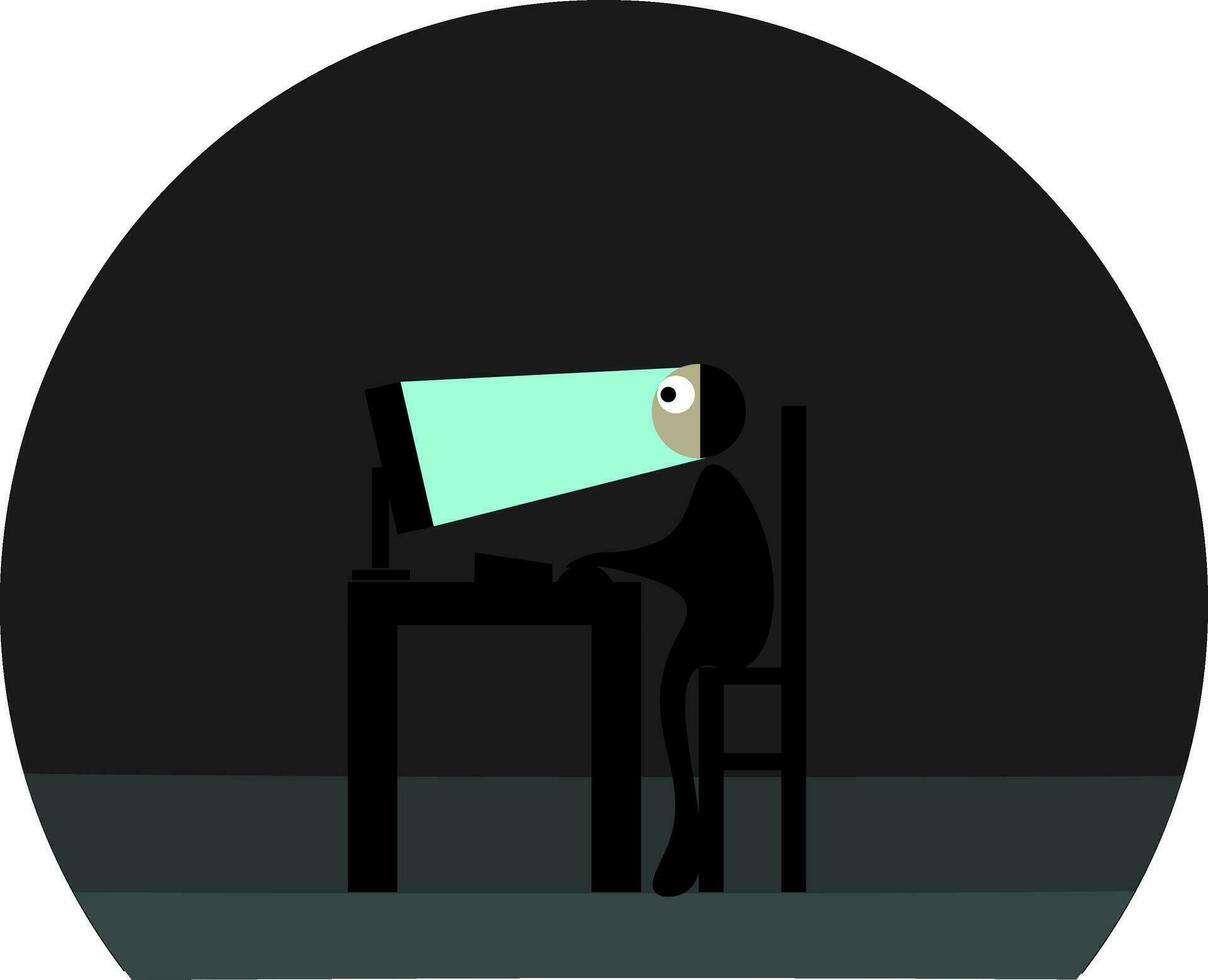 Clipart of an officer working before the laptop at night set on isolated white background viewed from the side vector or color illustration