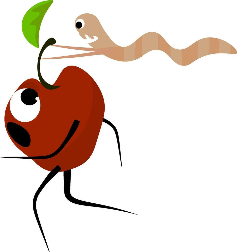 Cute cartoon image of an apple running away from the worm vector or color illustration