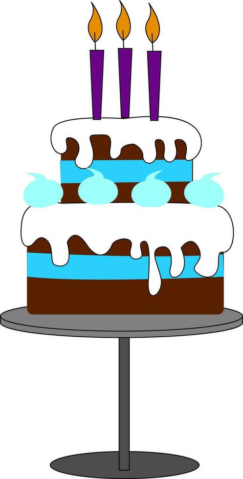 A big fondant birthday cake mounted on a grey cake stand vector or color illustration