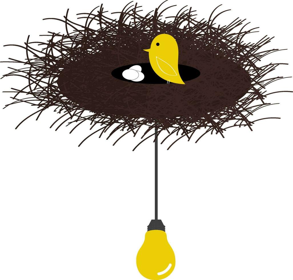 Cartoon bird in a nest on top a yellow electric bulb vector or color illustration