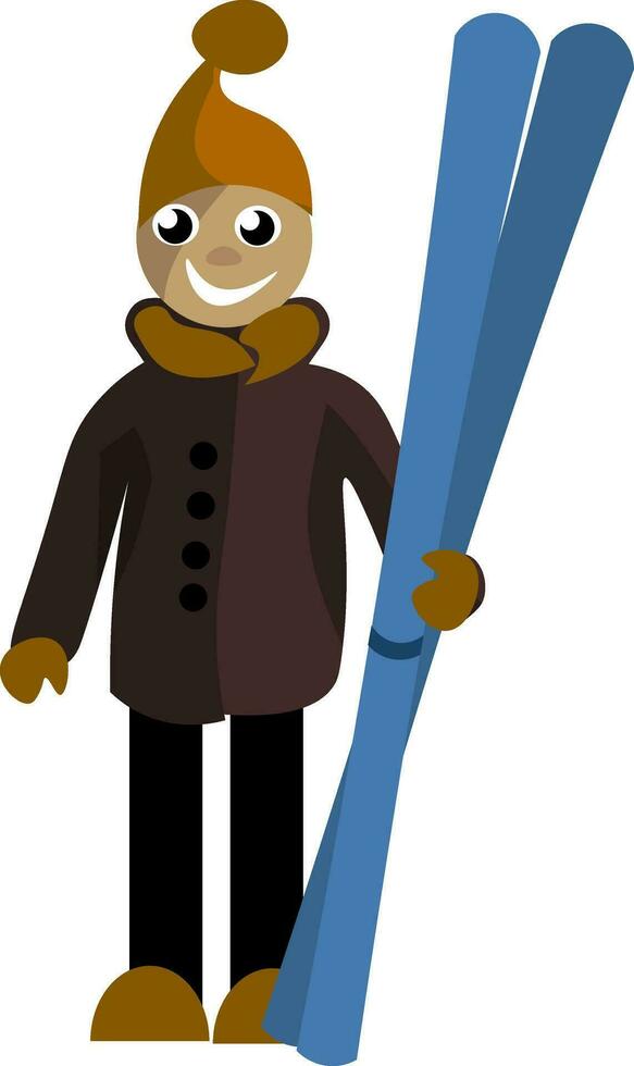 Clipart of a boy holding each of a pair of long skis in his hand vector or color illustration