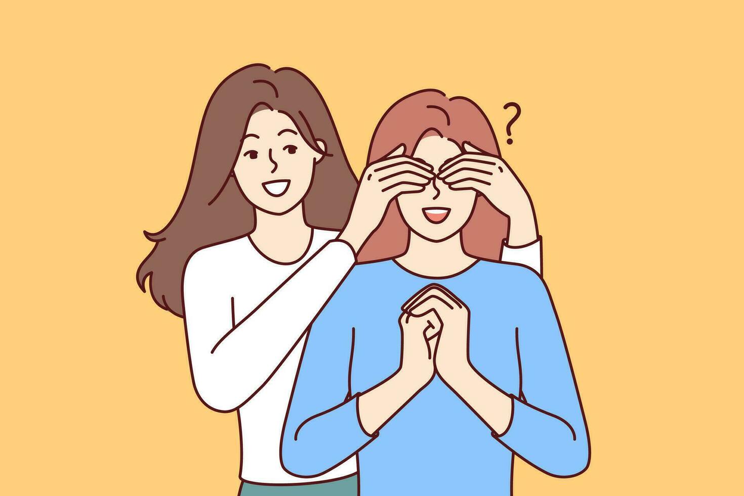 Happy woman closes sisters eyes, coming up from behind and making surprise, asking riddle who it is. Young female friends doing surprise when meeting and getting pleasant emotions from communication vector