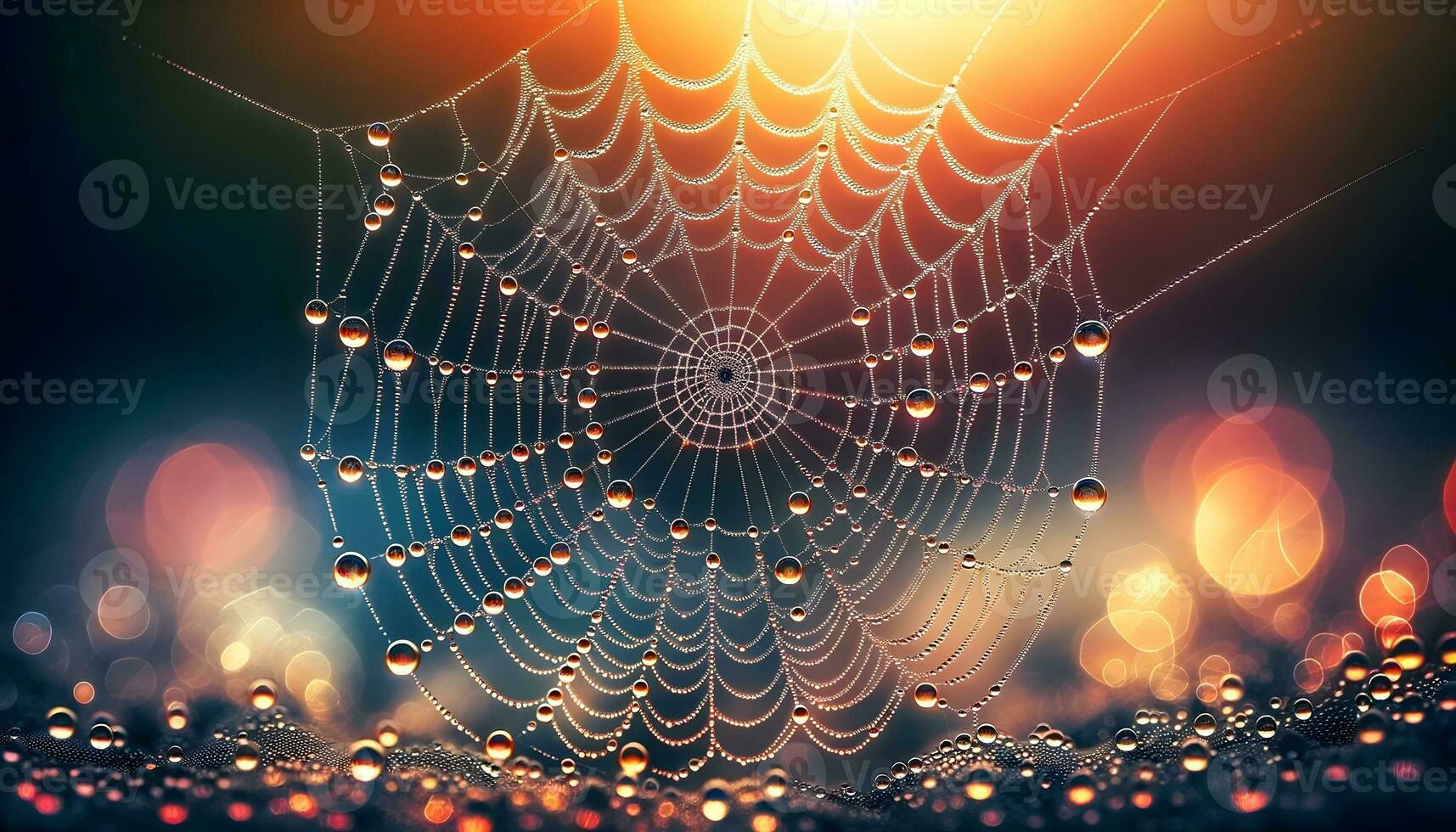 Ai generated aesthetic spider web with rain water droplets background, banner, template photo